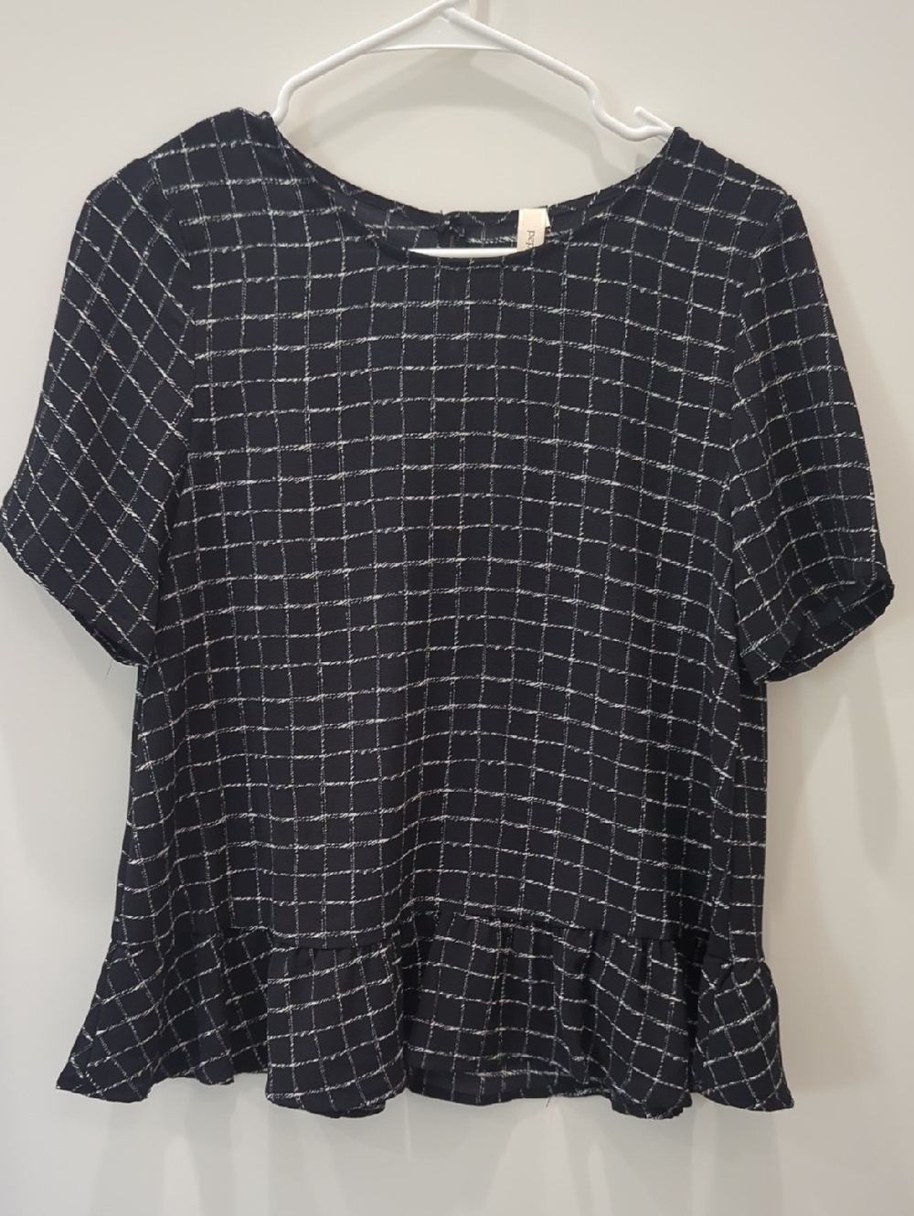 Black Windowpane Ruffle-Hem Women's Top